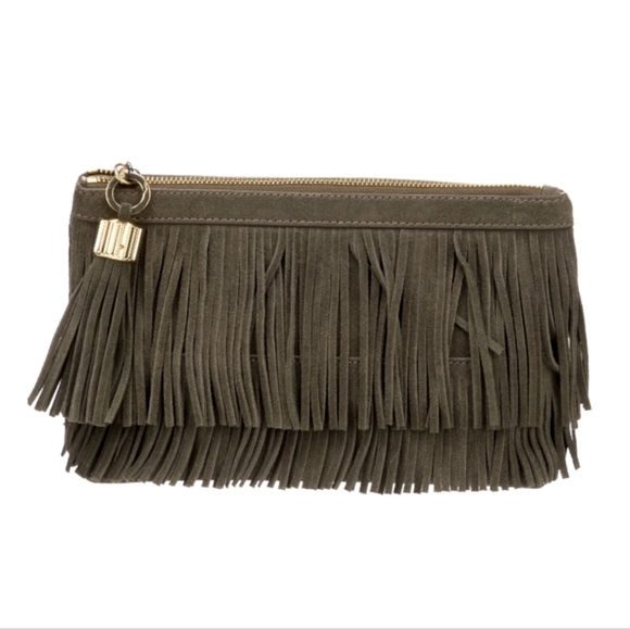 NWOT India Hicks Fringe Suede Clutch